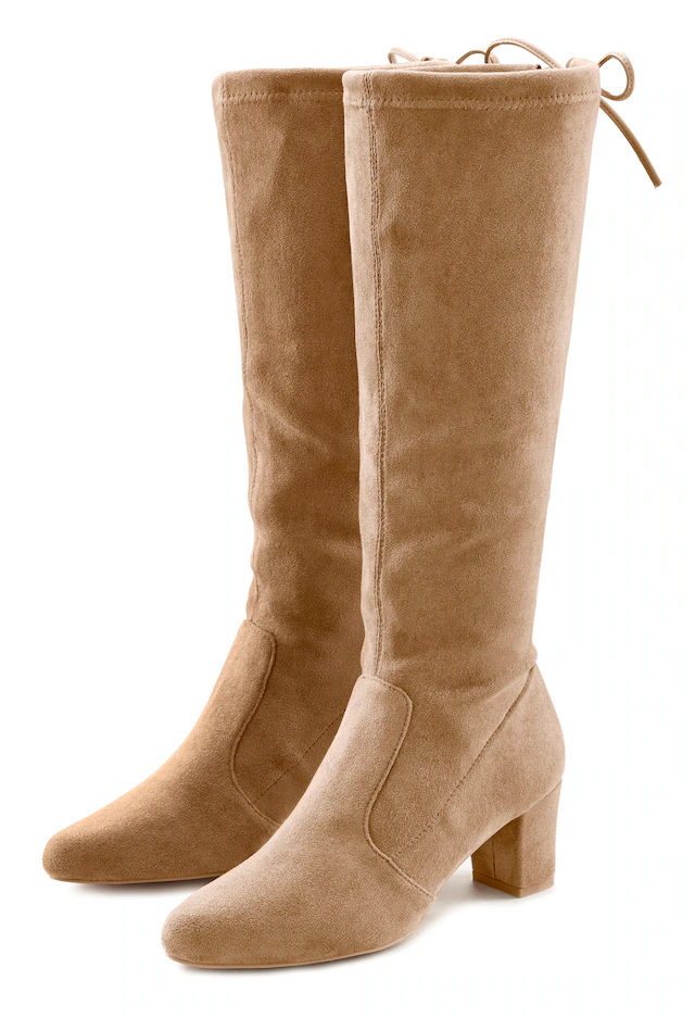 LASCANA Schlupfstiefel »Schlupfboots, Slouchy Boots, Slip-On,« aus stretchigem Material mit Blockabsatz in elegantem Design
