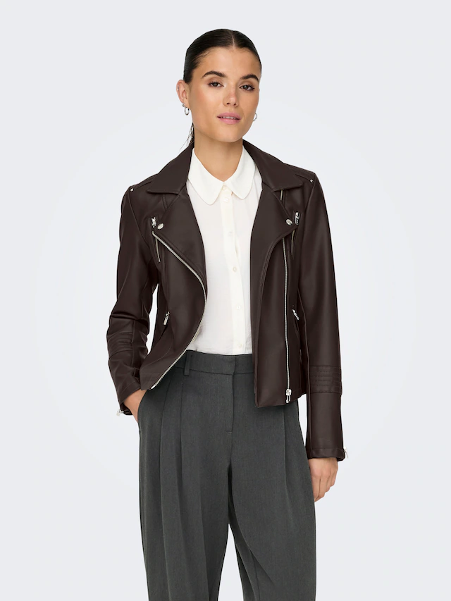 ONLY Lederimitatjacke »ONLGEMMA – Bikerjacke mit asymmetrischem Reißverschluss« tailliert, casual, Lederimitat, Reißverschlusstaschen