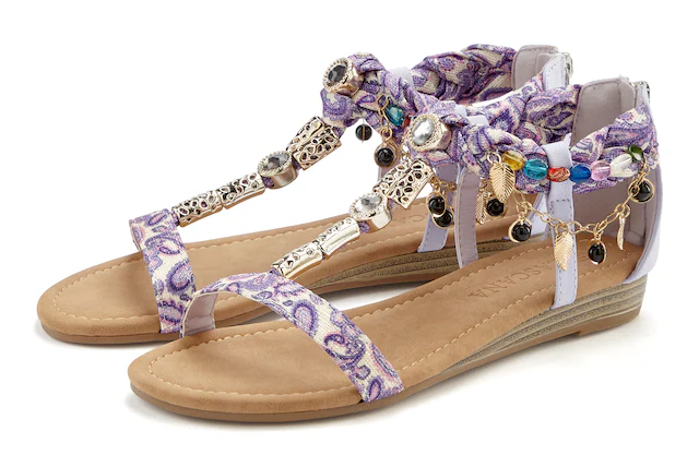 LASCANA Sandale »Sommerschuh, Sandalette, offener Schuh,« mit Schmuckkettchen und Schmucksteinen im Festival-Look VEGAN