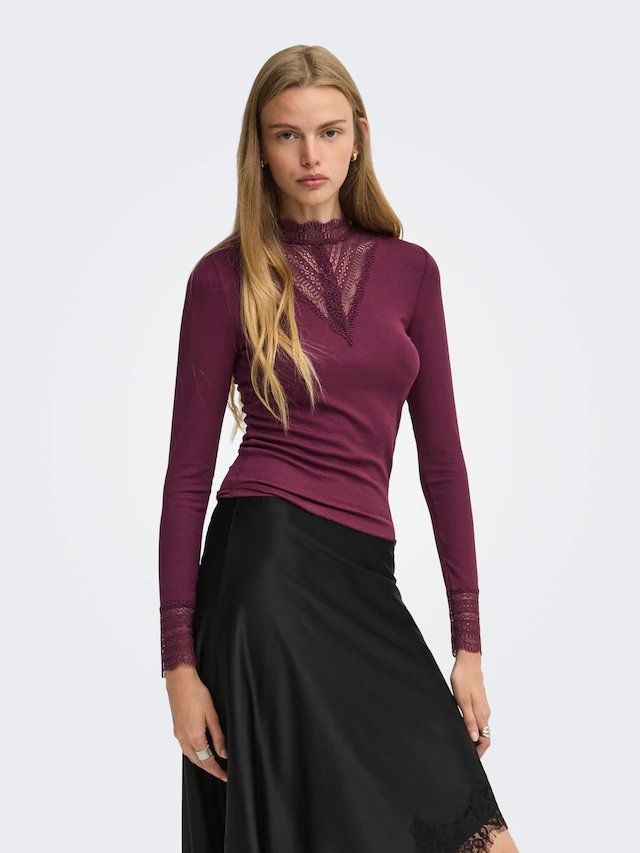 ONLY Spitzenshirt »ONLTILDE L/S HIGH NECK LACE TOP JRS« Viskosemischung, mit Spitze