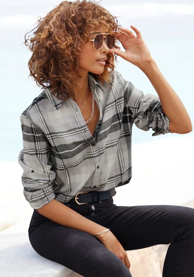 Buffalo Hemdbluse »aus weichem Flanell mit Karomuster« lässiges Karohemd, Karobluse aus Baumwolle, Westernbluse, Flanellhemd