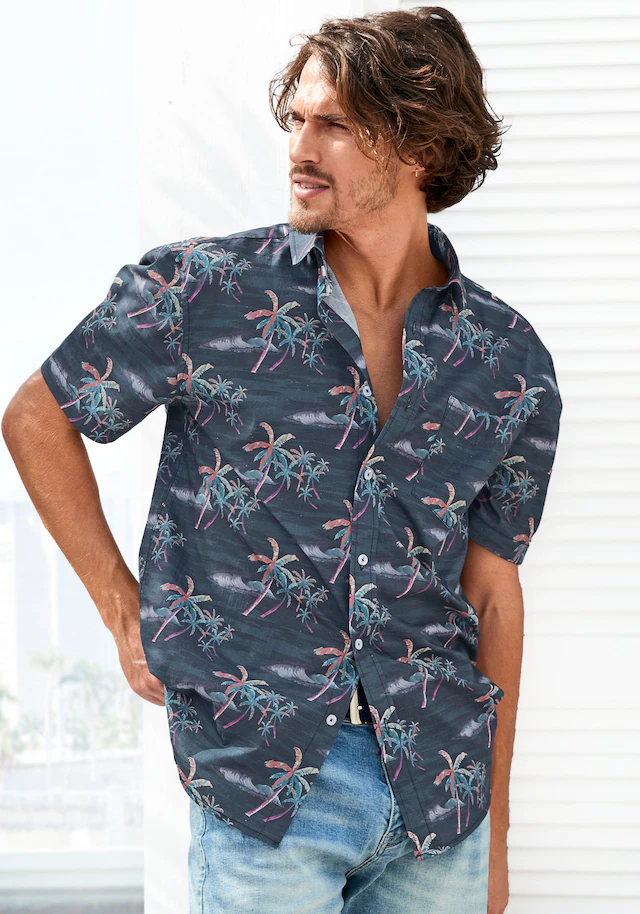 Beachtime Hawaiihemd »- sommerliches Hemd mit tollem Palmen Druck« , Kurzarm, Freizeithemd mit Palmenprint, reine Baumwolle