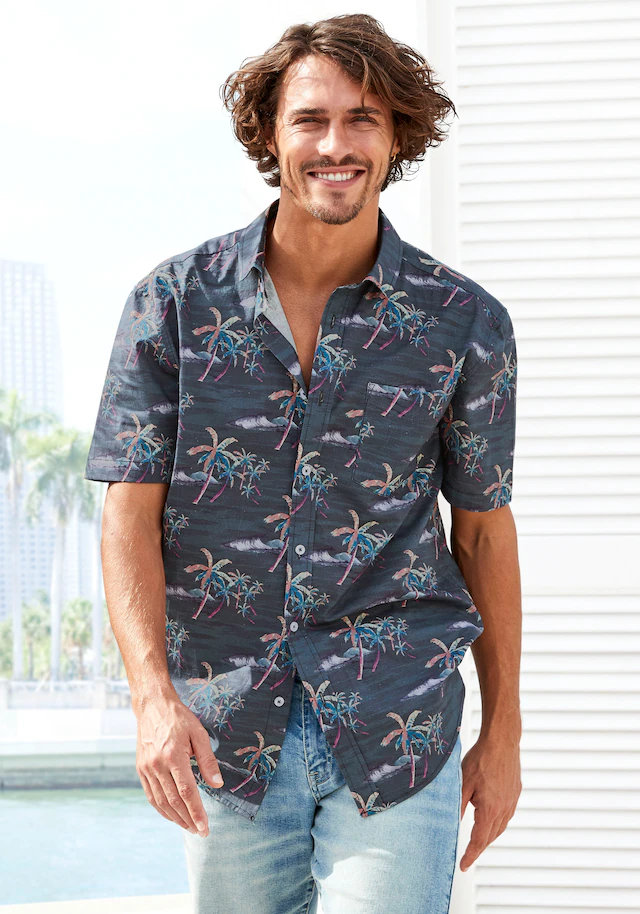 Beachtime Hawaiihemd »- sommerliches Hemd mit tollem Palmen Druck« , Kurzarm, Freizeithemd mit Palmenprint, reine Baumwolle