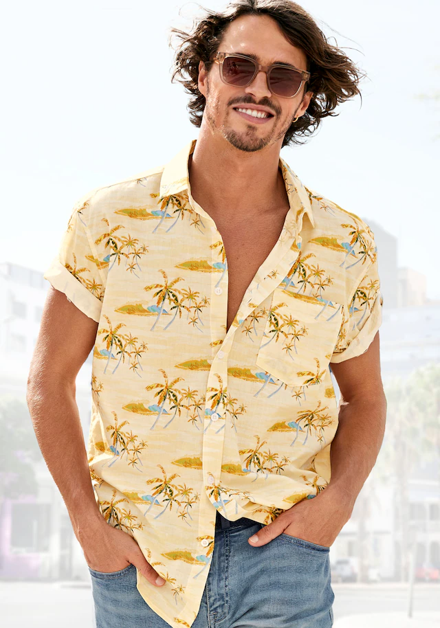 Beachtime Hawaiihemd »- sommerliches Hemd mit tollem Palmen Druck« , Kurzarm, Freizeithemd mit Palmenprint, reine Baumwolle