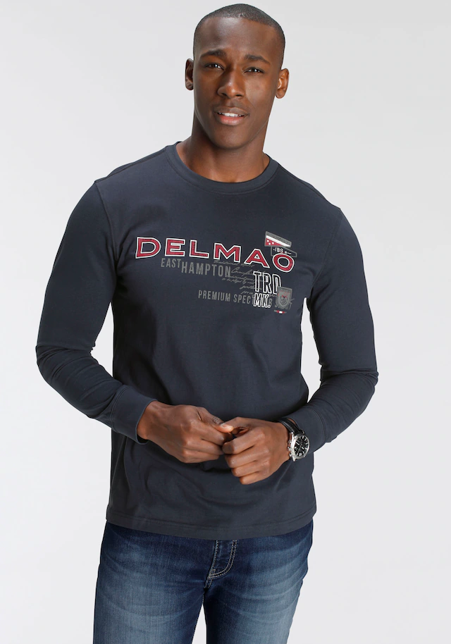DELMAO Langarmshirt schmale Passform, bedruckt, Rundhalsausschnitt, aus Baumwolle