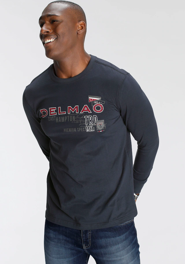 DELMAO Langarmshirt schmale Passform, bedruckt, Rundhalsausschnitt, aus Baumwolle
