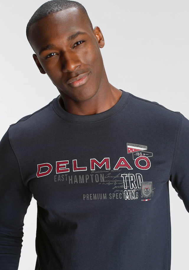 DELMAO Langarmshirt schmale Passform, bedruckt, Rundhalsausschnitt, aus Baumwolle