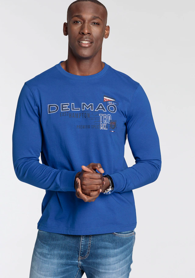 DELMAO Langarmshirt schmale Passform, bedruckt, Rundhalsausschnitt, aus Baumwolle