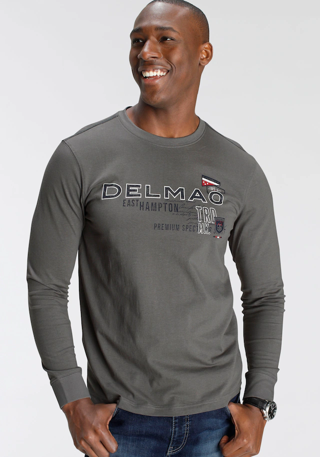DELMAO Langarmshirt schmale Passform, bedruckt, Rundhalsausschnitt, aus Baumwolle