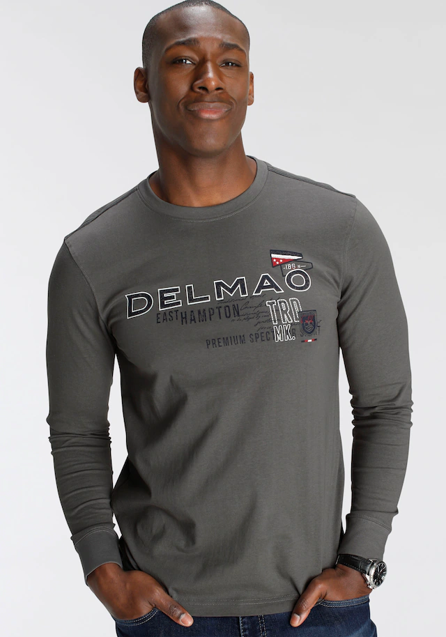 DELMAO Langarmshirt schmale Passform, bedruckt, Rundhalsausschnitt, aus Baumwolle