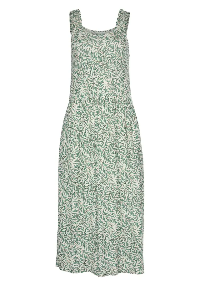 Beachtime by Lascana Jerseykleid »mit Taschen, kniebedeckendes Sommerkleid aus Viskose mit Blätterdruck« Seitennahttaschen Luftiges Strandkleid, Trägerkleid, Midikleid, figurumspielend Basic