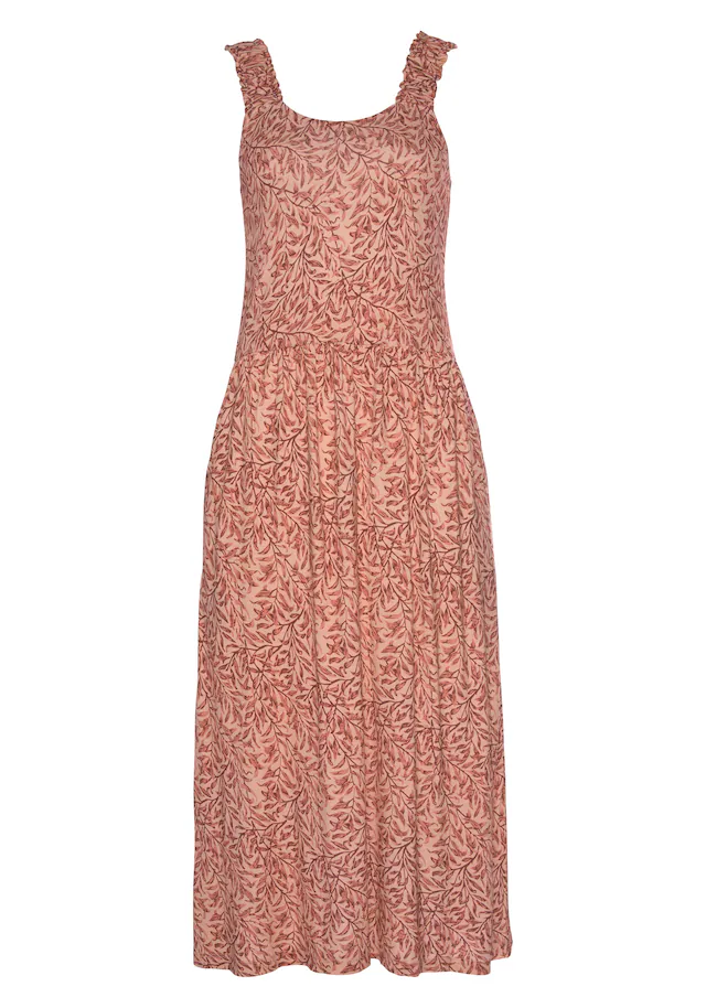 Beachtime by Lascana Jerseykleid »mit Taschen, kniebedeckendes Sommerkleid aus Viskose mit Blätterdruck« Seitennahttaschen Luftiges Strandkleid, Trägerkleid, Midikleid, figurumspielend Basic