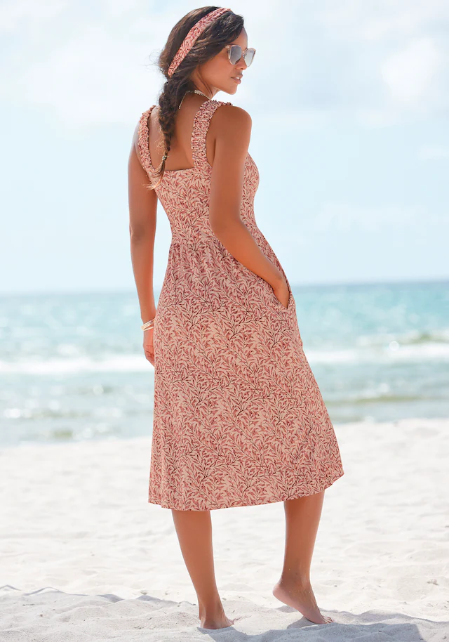 Beachtime by Lascana Jerseykleid »mit Taschen, kniebedeckendes Sommerkleid aus Viskose mit Blätterdruck« Seitennahttaschen Luftiges Strandkleid, Trägerkleid, Midikleid, figurumspielend Basic