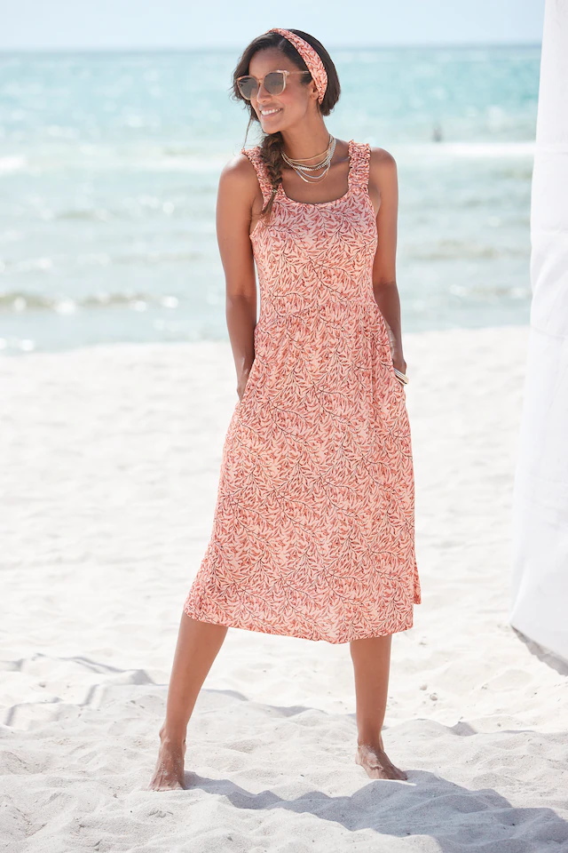 Beachtime by Lascana Jerseykleid »mit Taschen, kniebedeckendes Sommerkleid aus Viskose mit Blätterdruck« Seitennahttaschen Luftiges Strandkleid, Trägerkleid, Midikleid, figurumspielend Basic