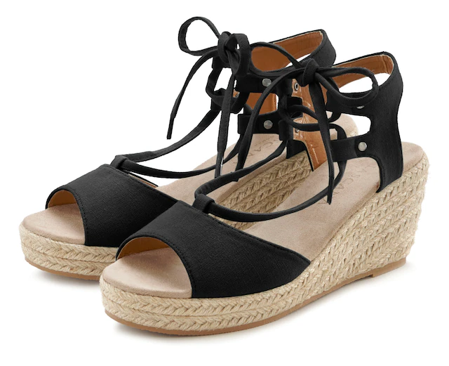 LASCANA Keilsandalette »Sommerschuh, offener Schuh, Sandale, Sandalette,« mit Keilabsatz, Bast-Optik & Schnürung VEGAN