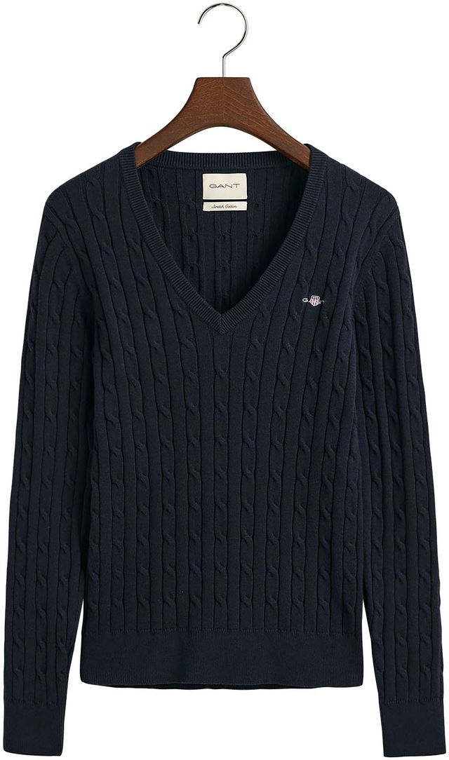 Gant Strickpullover »STRETCH COTTON CABLE V-NECK« mit Logostickerei auf der Brust