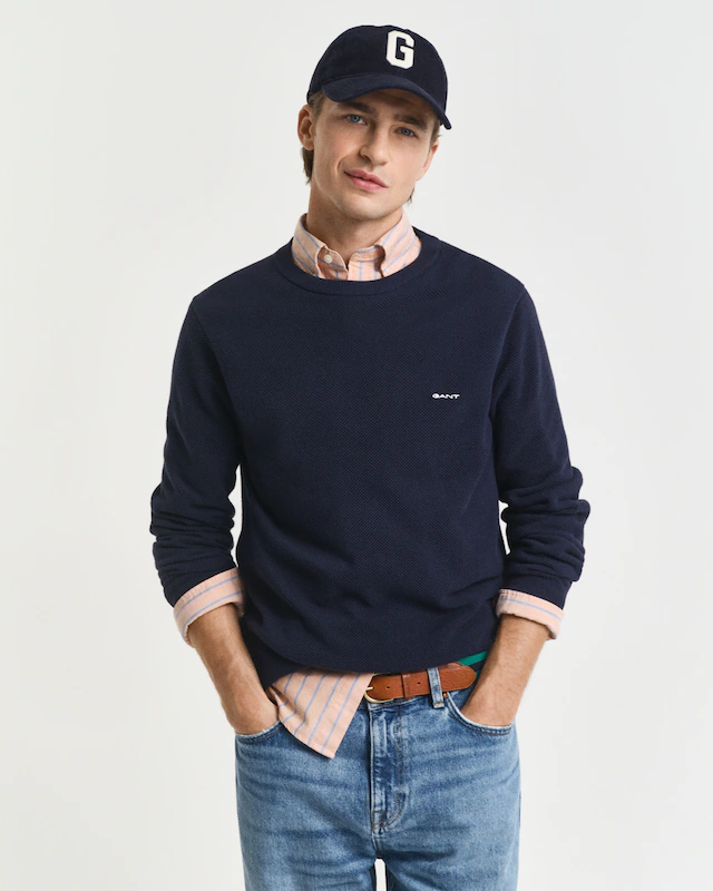 Gant Rundhalspullover »COTTON PIQUE C-NECK« mit Logostickerei auf der Brust