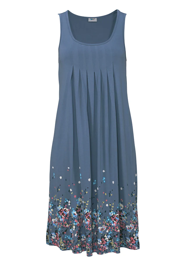 Beachtime by Lascana Strandkleid »mit Blumenprint am Saum, lockeres Hängerchenkleid mit Zierfalten« Ohne Taschen Leichtes Sommerkleid aus Viskose, Jerseykleid, A-Linien-Kleid, casual