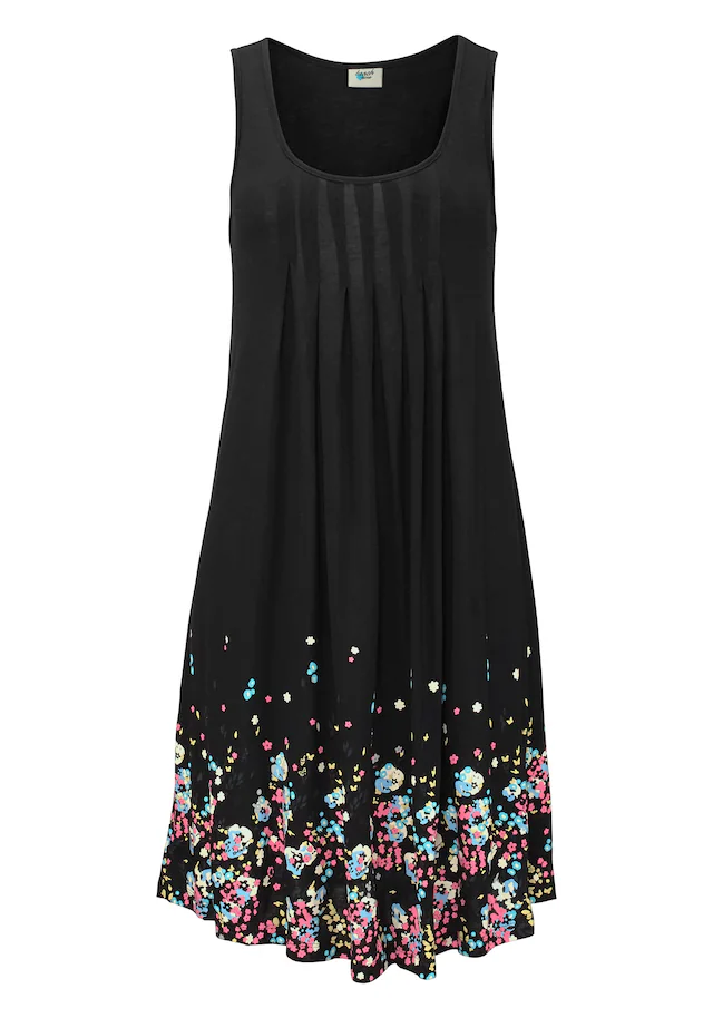 Beachtime by Lascana Strandkleid »mit Blumenprint am Saum, lockeres Hängerchenkleid mit Zierfalten« Ohne Taschen Leichtes Sommerkleid aus Viskose, Jerseykleid, A-Linien-Kleid, casual