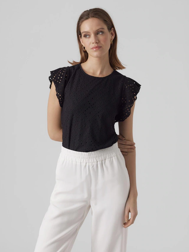 Vero Moda Rundhalsshirt »VMTASSA SL FRILL TOP NOOS« Materialmix, loose fit