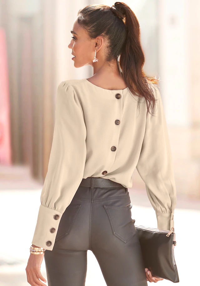 LASCANA Langarmbluse »mit durchgehender Knopfleiste im Rücken« elegante Damenbluse, Blusenshirt mit Puffärmeln, Business, festlich