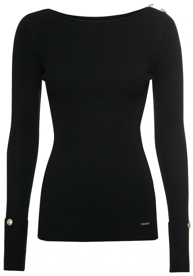 Bruno Banani Strickpullover aus Rippstrick, figurbetonte Passform, mit Aufschlag und Knopf