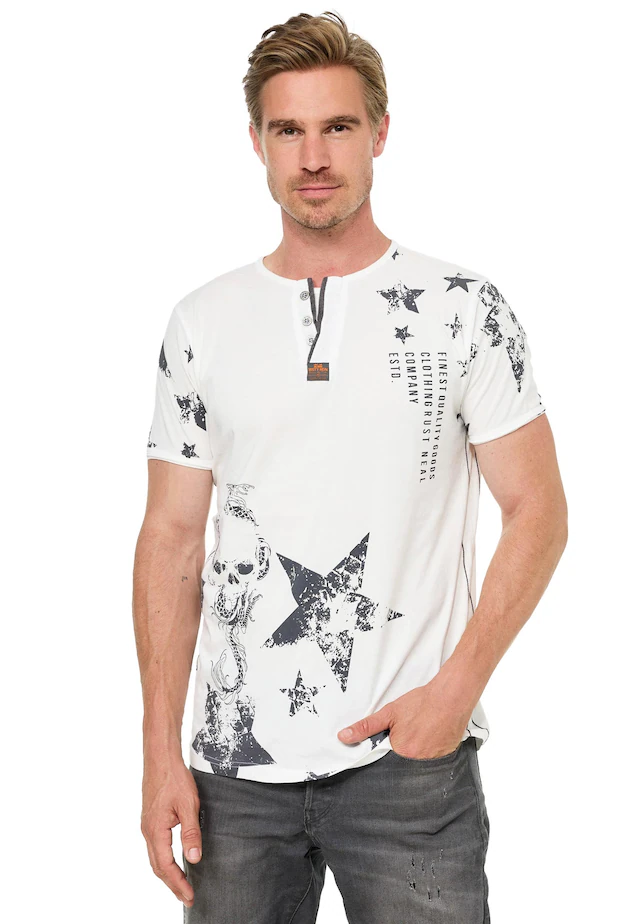 Rusty Neal T-Shirt mit Skull-Print und Knopleiste