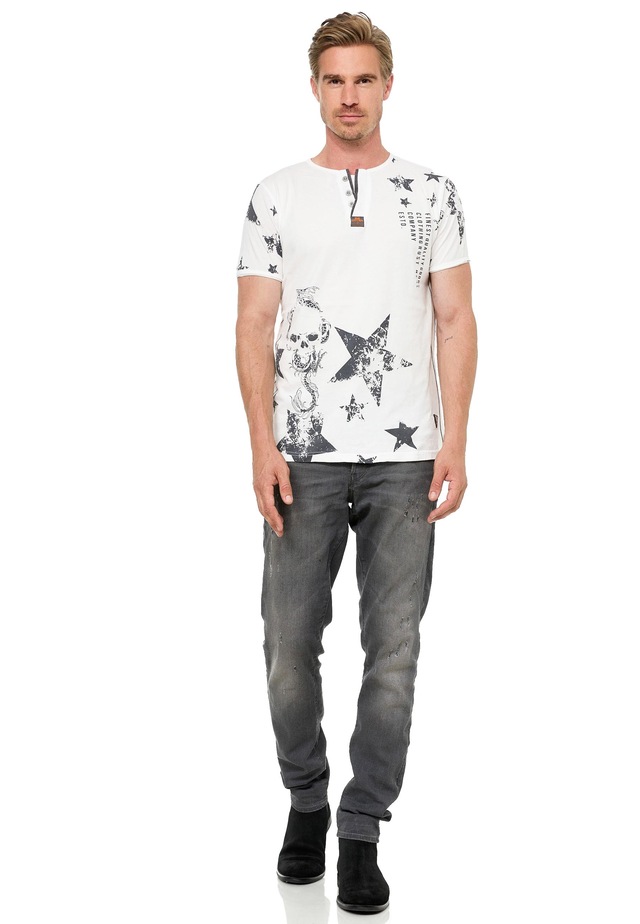 Rusty Neal T-Shirt mit Skull-Print und Knopleiste