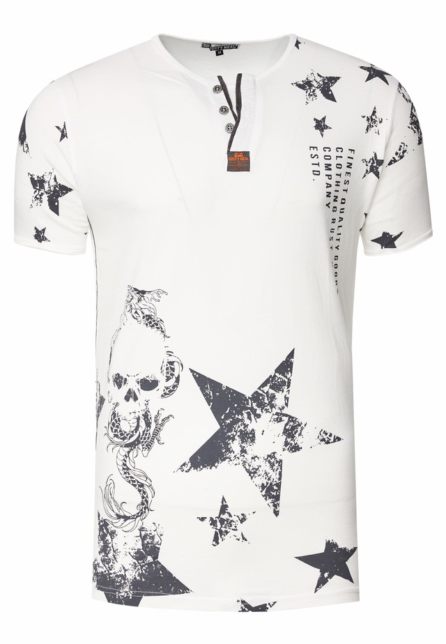 Rusty Neal T-Shirt mit Skull-Print und Knopleiste