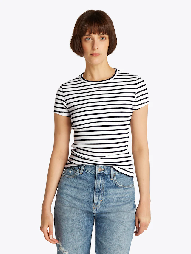 Tommy Jeans »TJW ESSENTIAL RIB SHORT SLEEVE EXT« Baumwollmischung in gerippter Struktur, Slim Fit