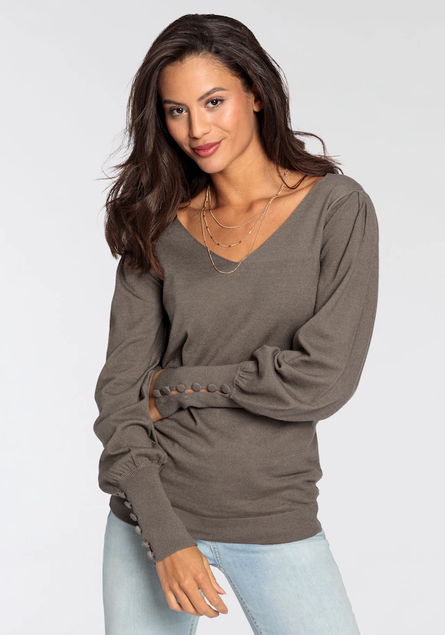 Laura Scott V-Ausschnitt-Pullover mit süßer Knopfleiste am Ärmel