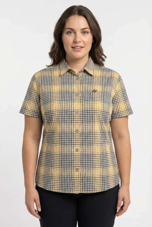 Maier Sports Karobluse karierte Optik, mit Stickerei und Logodetail, Hemdblusenkragen