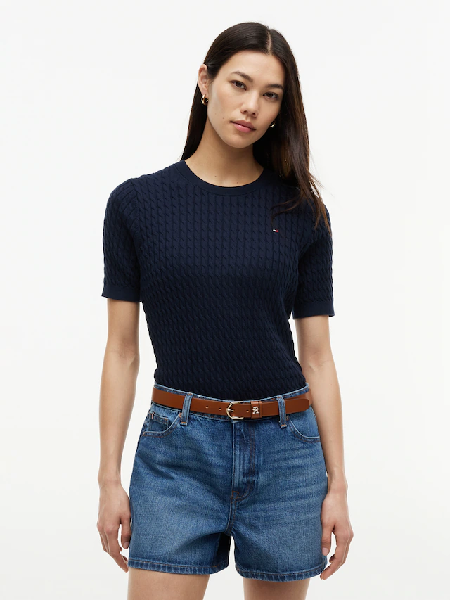 Tommy Hilfiger Kurzarmpullover »CO CABLE RWB C-NK SS SWT« Baumwolle, mit Zopfmuster