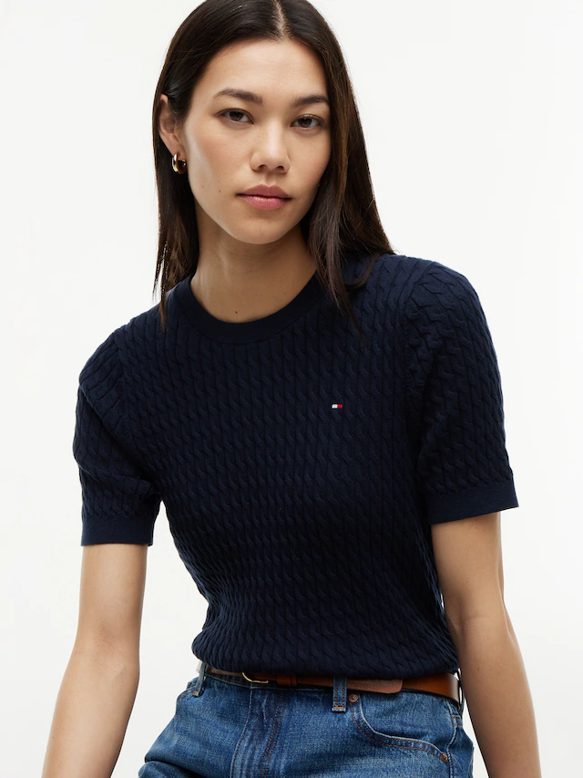 Tommy Hilfiger Kurzarmpullover »CO CABLE RWB C-NK SS SWT« Baumwolle, mit Zopfmuster