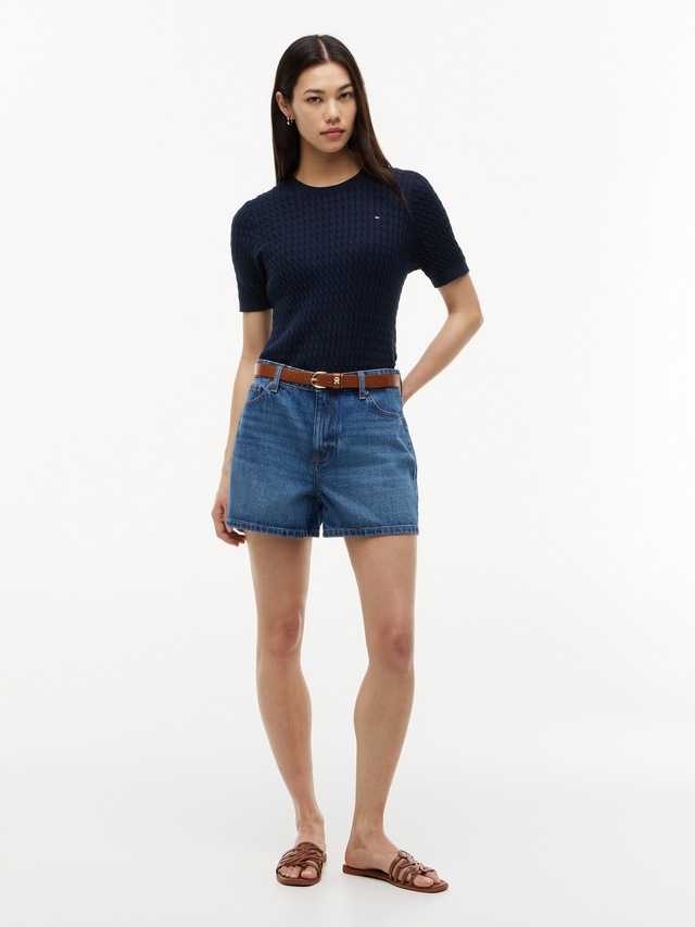 Tommy Hilfiger Kurzarmpullover »CO CABLE RWB C-NK SS SWT« Baumwolle, mit Zopfmuster