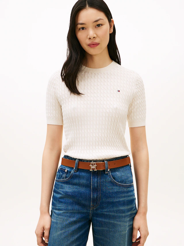 Tommy Hilfiger Kurzarmpullover »CO CABLE RWB C-NK SS SWT« Baumwolle, mit Zopfmuster