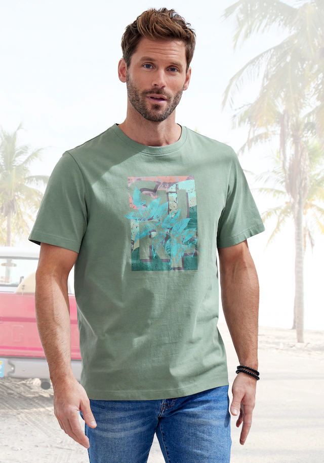 John Devin T-Shirt Rundhalsshirt mit Surf -Aufdruck aus reiner Baumwolle