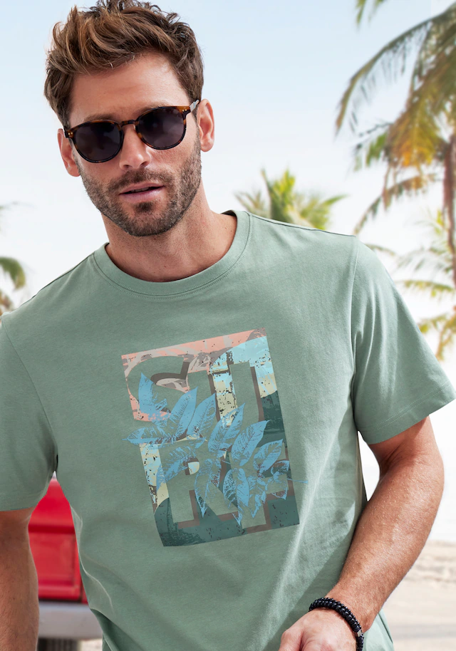 John Devin T-Shirt Rundhalsshirt mit Surf -Aufdruck aus reiner Baumwolle