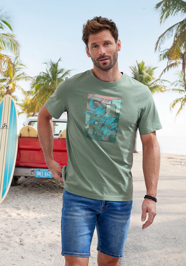 John Devin T-Shirt Rundhalsshirt mit Surf -Aufdruck aus reiner Baumwolle