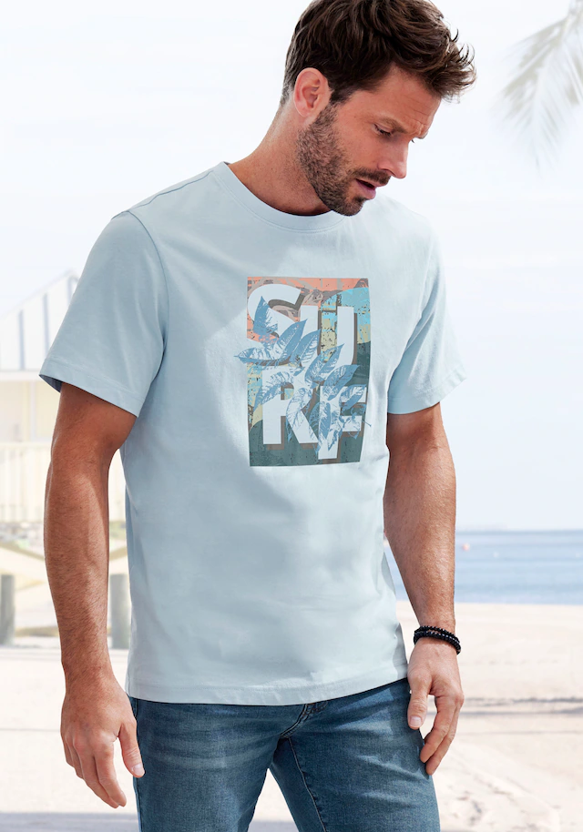 John Devin T-Shirt Rundhalsshirt mit Surf -Aufdruck aus reiner Baumwolle