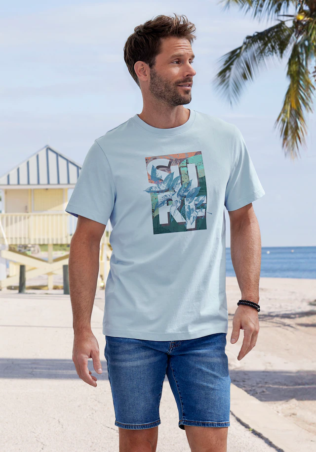 John Devin T-Shirt Rundhalsshirt mit Surf -Aufdruck aus reiner Baumwolle