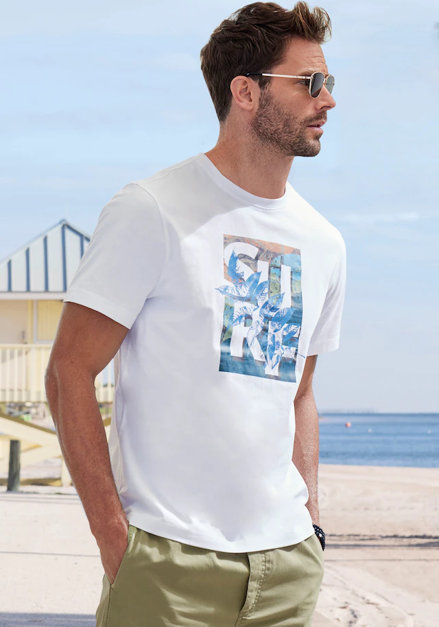 John Devin T-Shirt Rundhalsshirt mit Surf -Aufdruck aus reiner Baumwolle