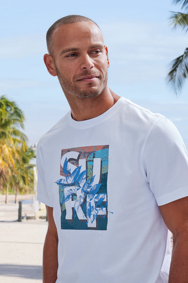 John Devin T-Shirt Rundhalsshirt mit Surf -Aufdruck aus reiner Baumwolle