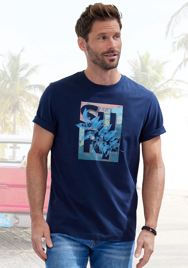 John Devin T-Shirt Rundhalsshirt mit Surf -Aufdruck aus reiner Baumwolle
