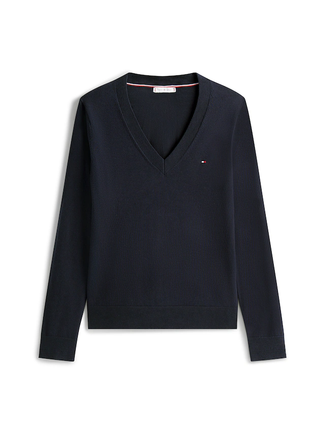 Tommy Hilfiger V-Ausschnitt-Pullover »CO JERSEY STITCH V-NK SWEATER« Kontrastfarbene Streifen im Ausschnitt und Logo Stickerei am Ärmel