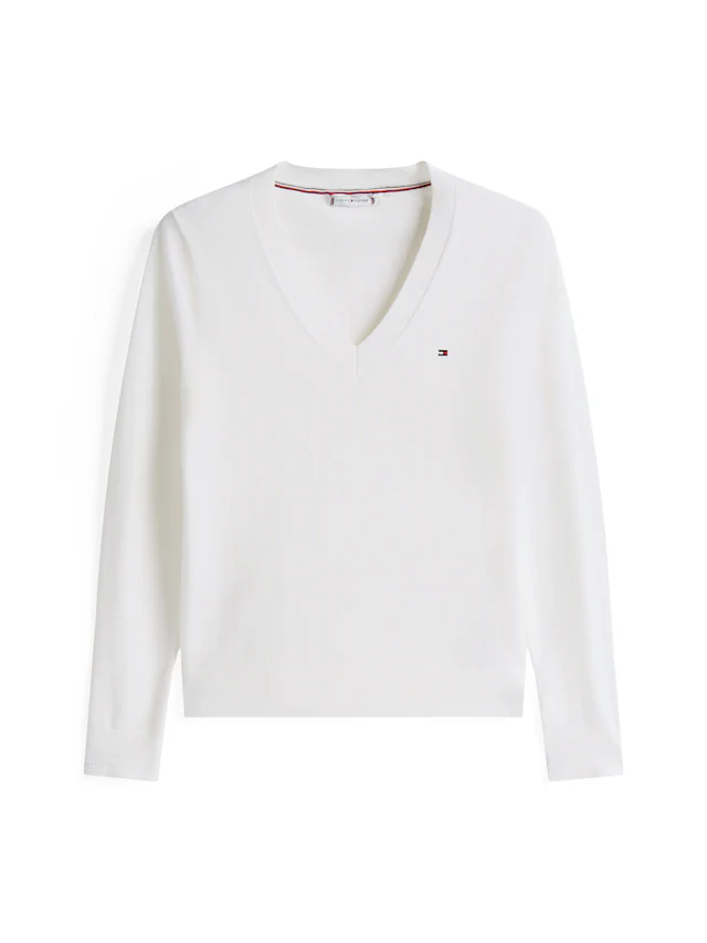 Tommy Hilfiger V-Ausschnitt-Pullover »CO JERSEY STITCH V-NK SWEATER« Kontrastfarbene Streifen im Ausschnitt und Logo Stickerei am Ärmel