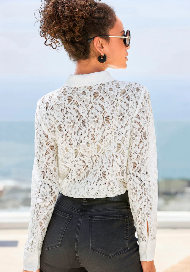 LASCANA Spitzenbluse »mit Hemdblusenkragen« elegante Spitzenbluse, transparente Bluse, festliche Langarmbluse
