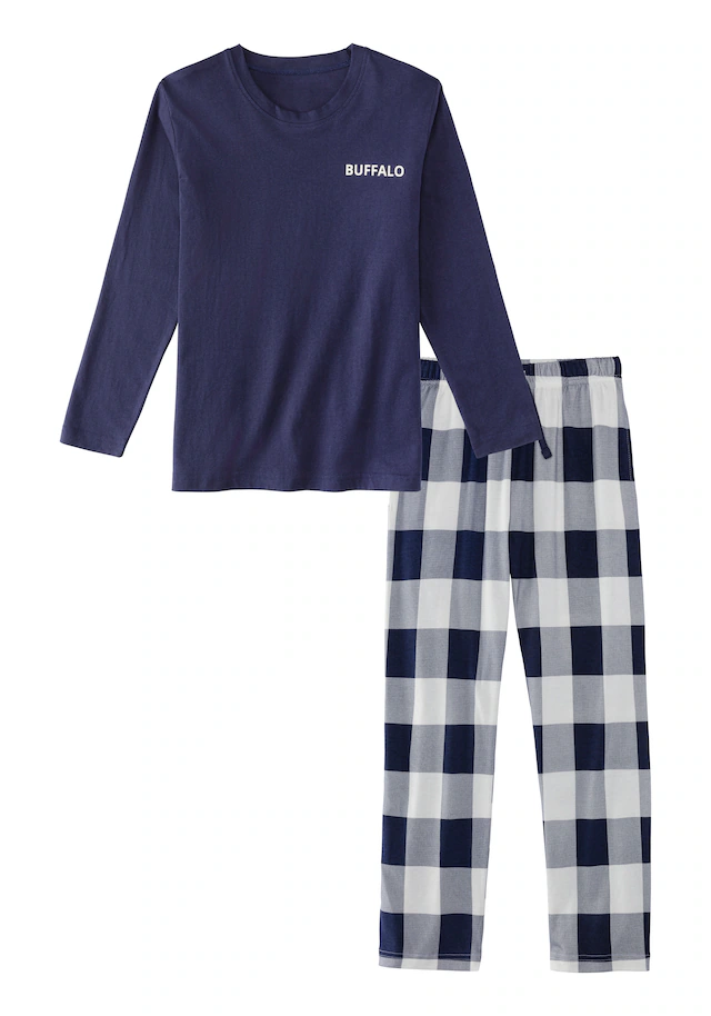 Buffalo Pyjama Packung, 2 tlg. langer Schlafanzug, unifarben und kariert, aus Baumwolle