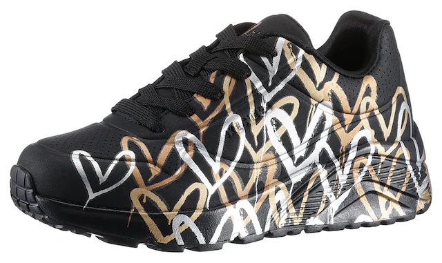 Skechers Plateausneaker »Skechers x JGoldcrown: Uno Lite - Metallic Love« , Schnürschuh, Keilsneaker mit Herzchen im Metallic Look bedruckt