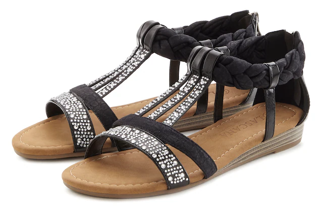 LASCANA Sandale »Sommerschuh, Sandalette« mit Glitzersteinen und kleinem Keilabsatz im Festival-Look VEGAN